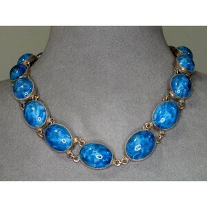 Vintage Silver Tone Necklace With Blue Oval Marbled Glass Cabochons & Spring Rin